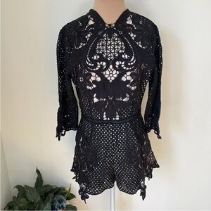 Saylor Crochet Faux Sheer 3/4 Sleeve Black Cotton Keyhole Back Romper